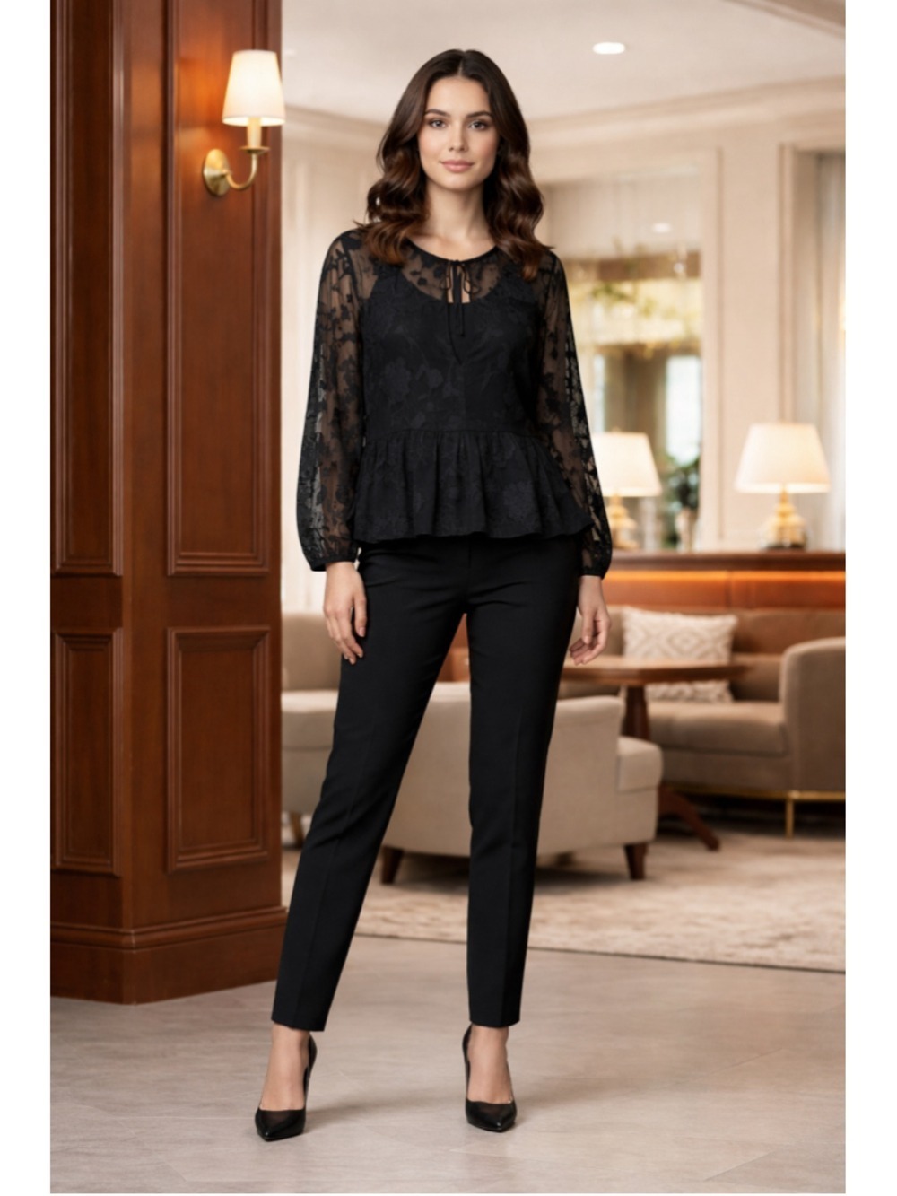 Belle + Sky Floral Sheer Peplum Blouse Women's Size M (20” PTP) Black NWT